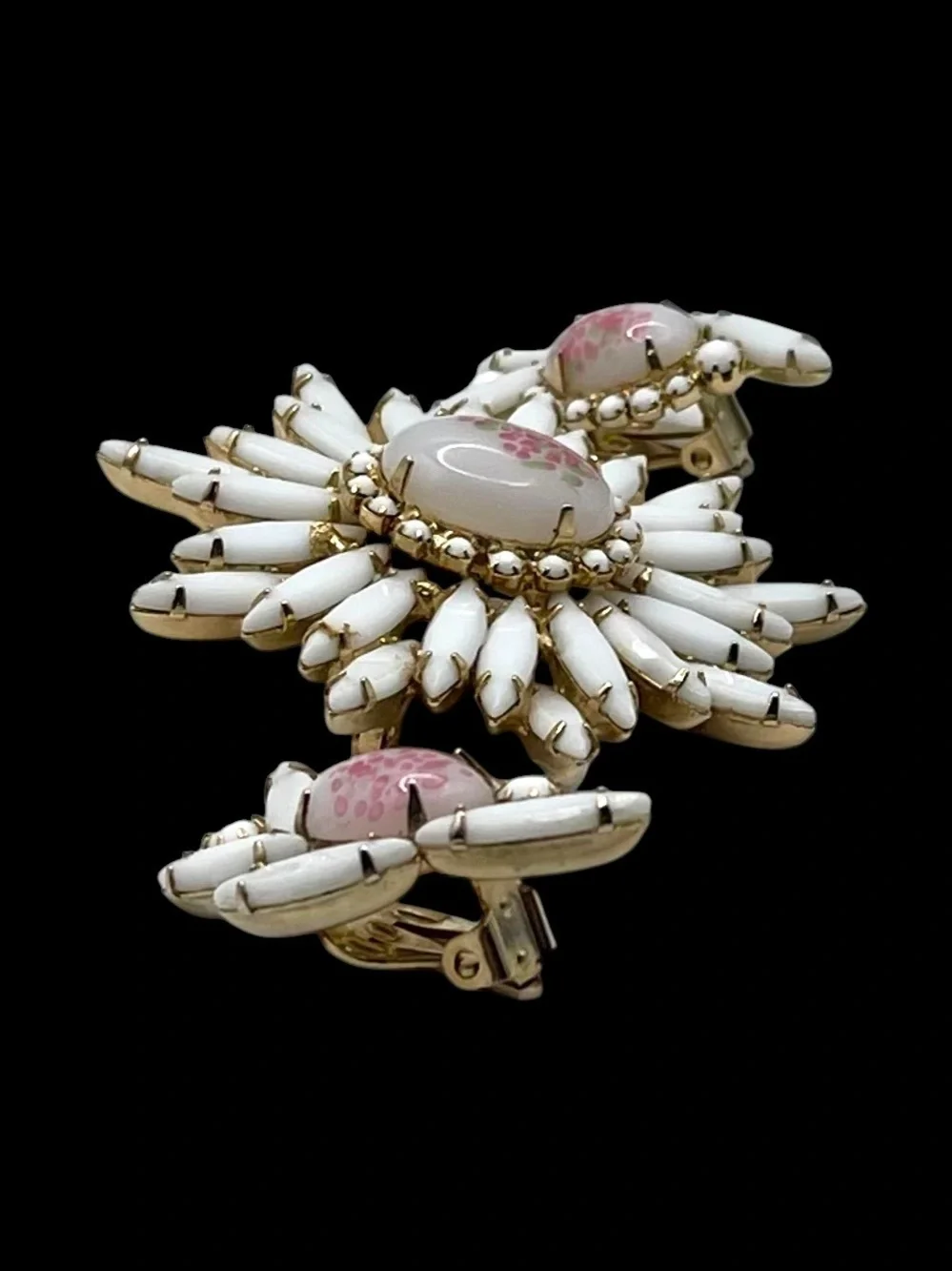Vintage Judy Lee Milk Glass Sunburst Brooch & Clip Earrings Demi Parure Set